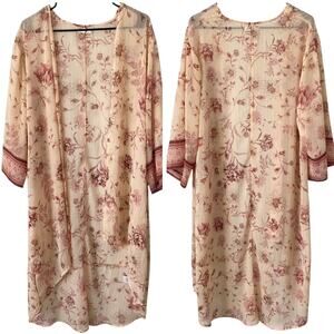 MAURICES Floral Kimono Sheer Open Front XL Cream Mauve Pink Boho Lightweight